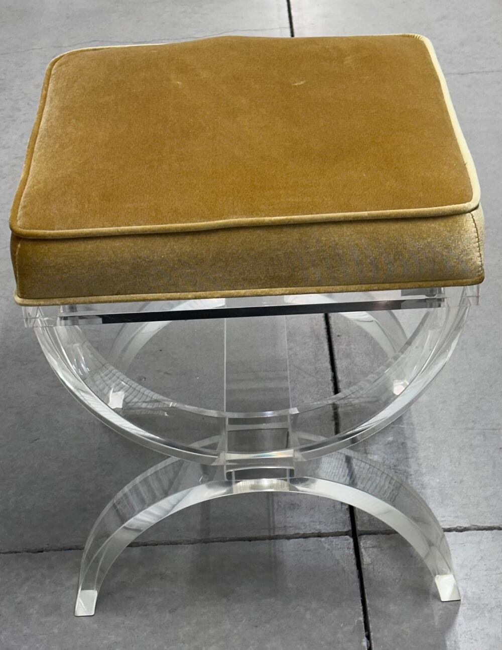Mid-Century Modernist Curved Lucite Yellow Velvet Vanity Ottoman Accent Bench